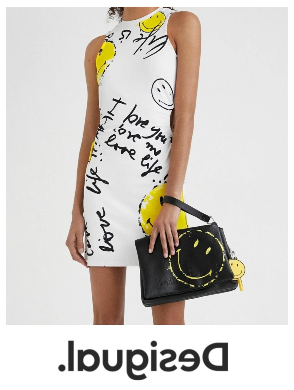 Desigual x Smiley® LOVE LIFE Graphic Script Dress with Side Cutouts & Ties, XL